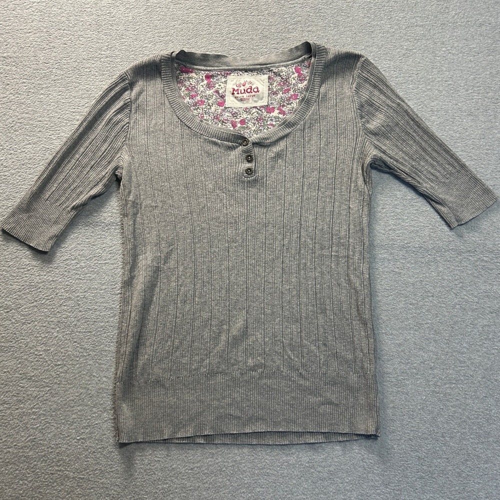 Y2K Mudd Henley Top Womens XL Gray VTG Style 2000's Fitted Shirt 3/4 Sleeve